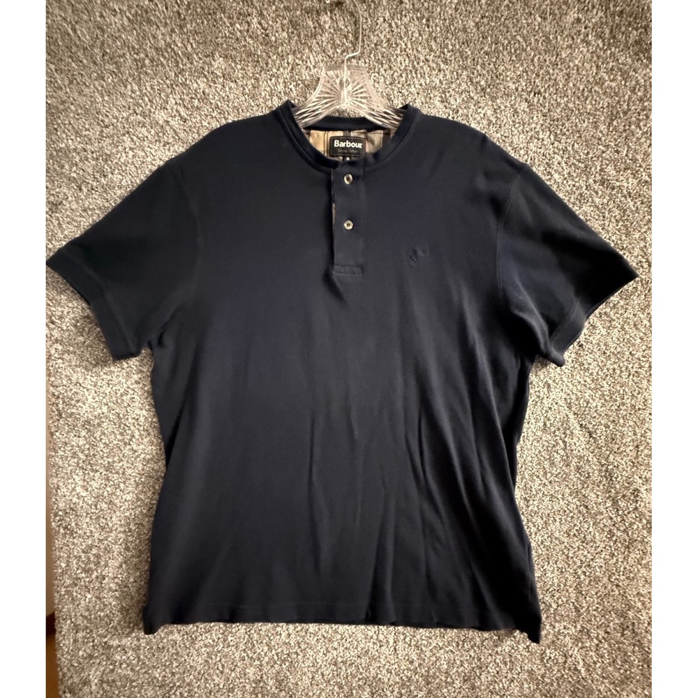 Barbour Henley Shirt XL Navy Blue Sam Heughan Tartan Pique Cotton Rare Classic
